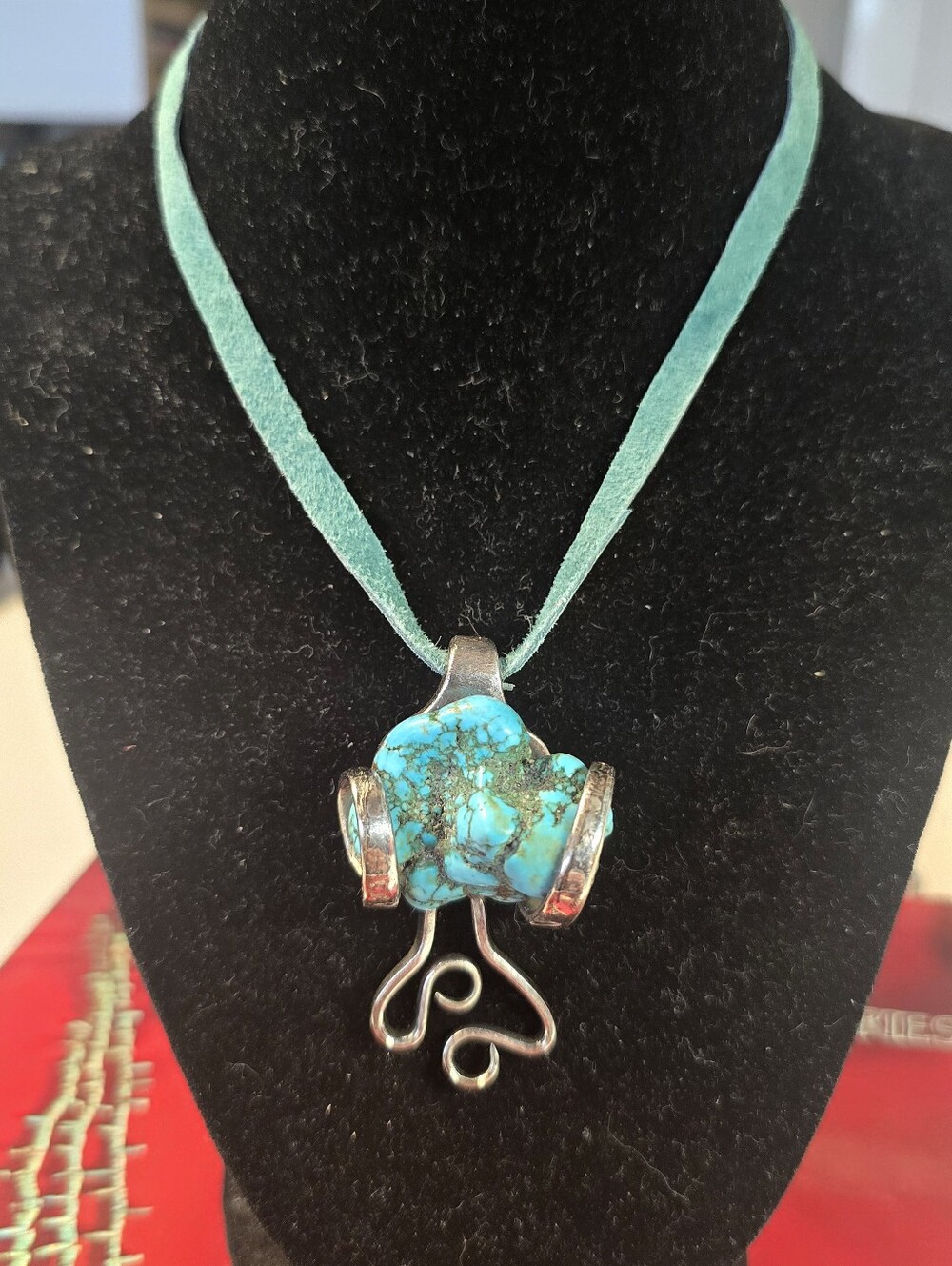 Vintage Artisan Upscaled Handmade Turquoise Pendant In Silver Plate Fork NWOT